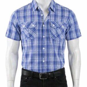 Mens Large Short Sleeve Shirt Button Up Royal Blue & White M. Society - New